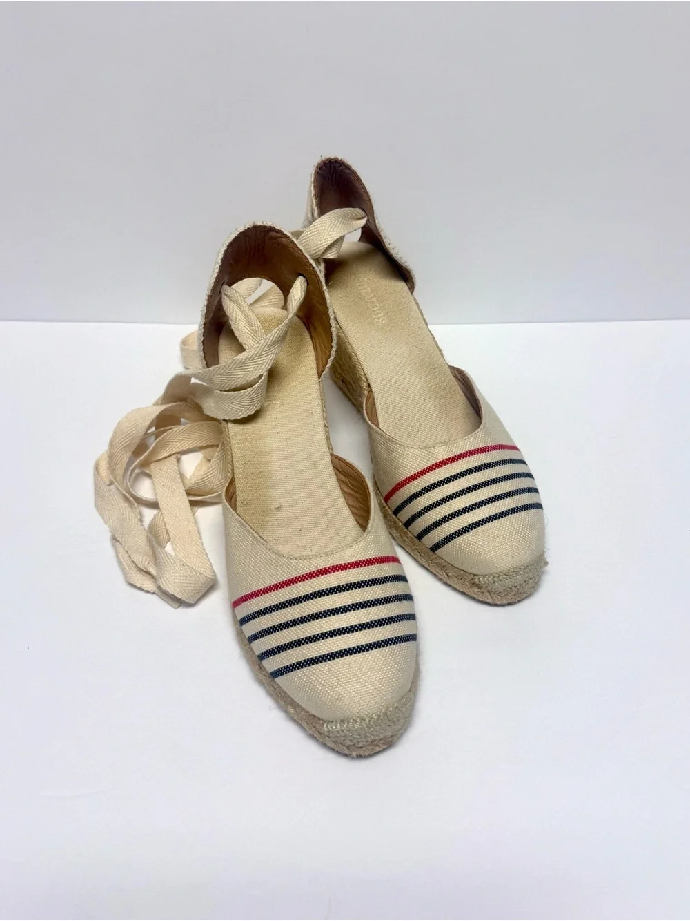 Soludos Canvas Espadrille Wedge with Ribbon Tie - Cream with Navy & Red Stripes